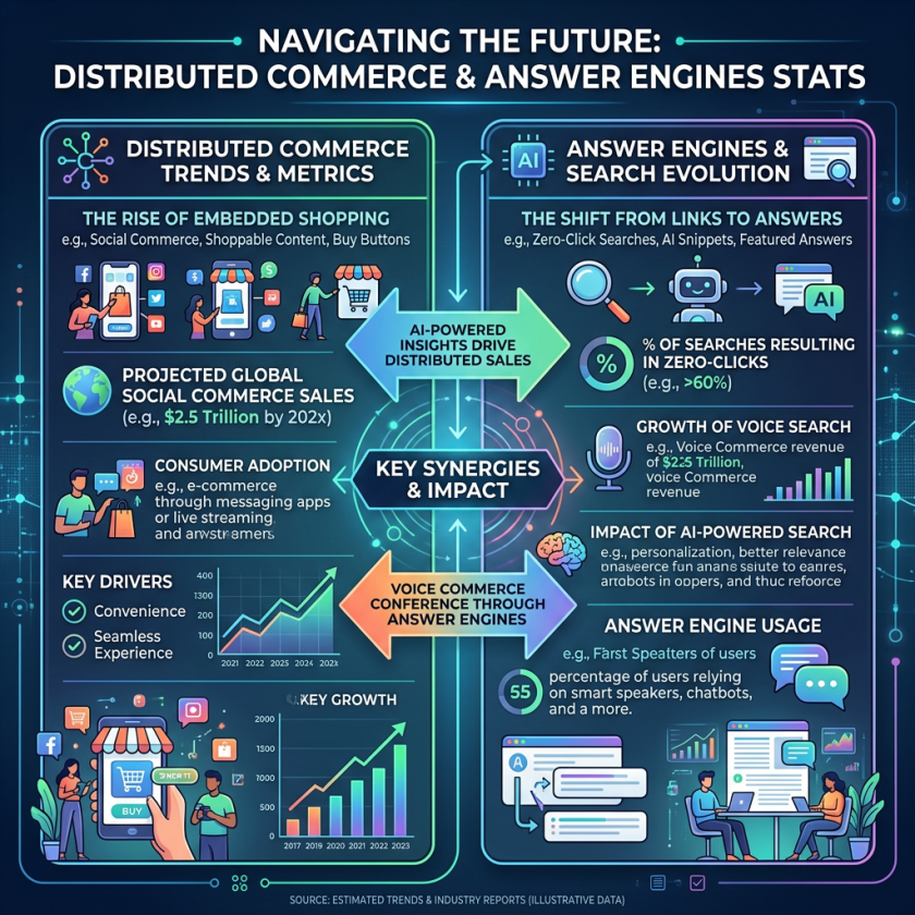 Infographic illustrating distributed commerce trends including embedded shopping, global social commerce sales, and consumer adoption alongside AI answer engines highlighting zero-click searches, voice search growth, and answer engine usage