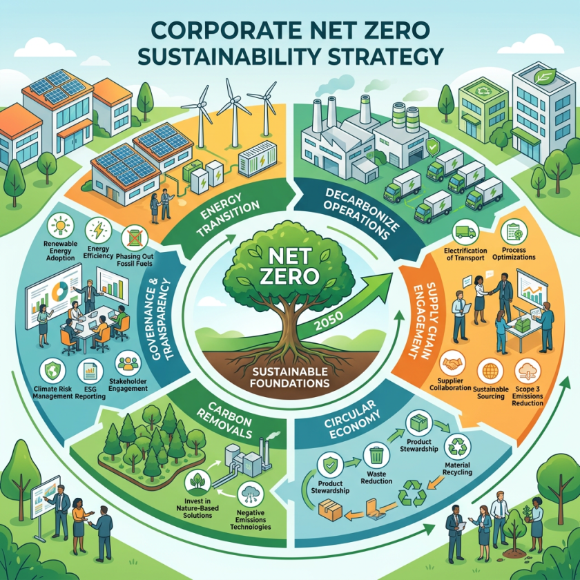Illustration of corporate net zero sustainability strategy with energy transition, decarbonize operations, supply chain engagement, circular economy, carbon removals, governance, and transparency