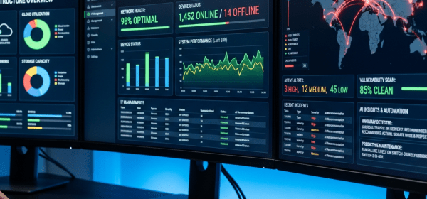 Multiple computer monitors displaying AI-powered IT operations and security analytics dashboards with network status, device status, threat map, and vulnerability scan.