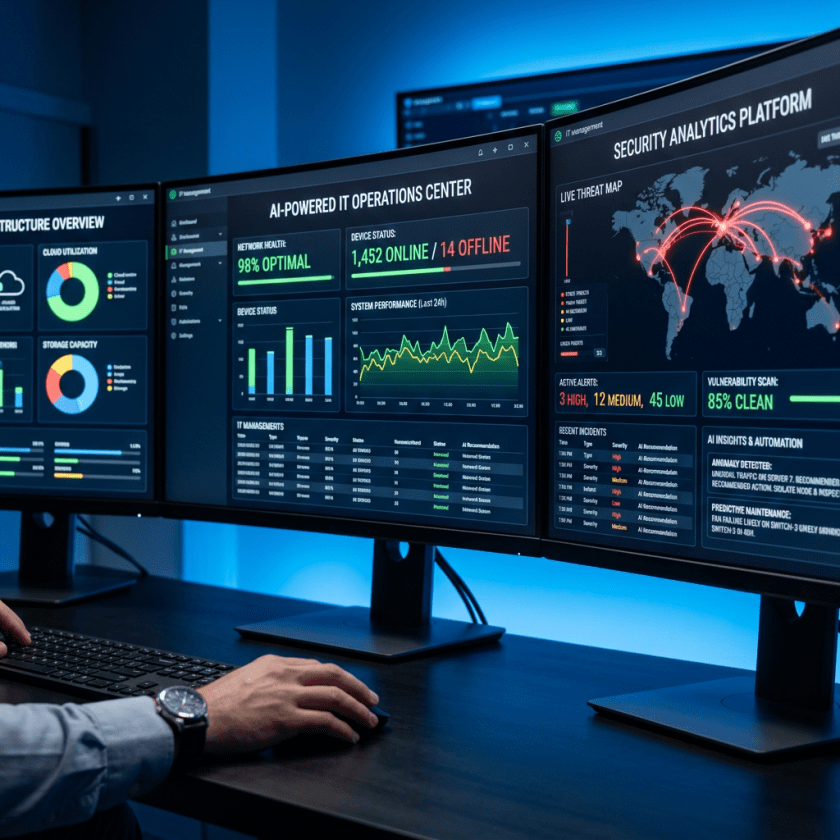 Multiple computer monitors displaying AI-powered IT operations and security analytics dashboards with network status, device status, threat map, and vulnerability scan.