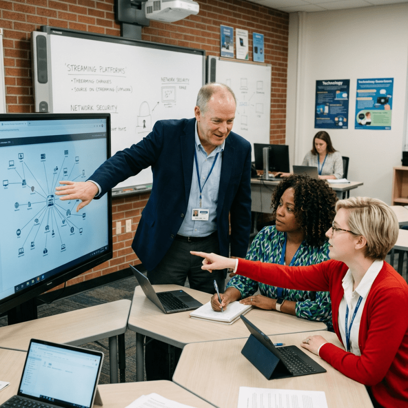 Three professionals discussing network security on a digital screen in a classroom