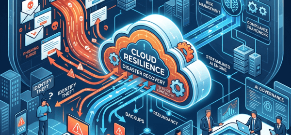 Diagram showing AI governance, phishing surge, cloud resilience, disaster recovery with people interacting with devices and data flows