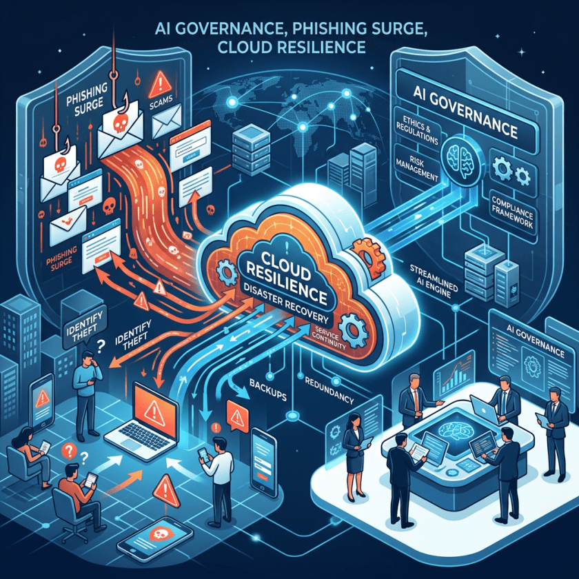 Diagram showing AI governance, phishing surge, cloud resilience, disaster recovery with people interacting with devices and data flows
