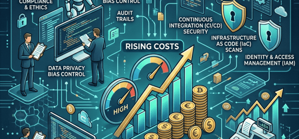 Infographic showing increasing costs related to AI governance elements like compliance, bias control, and cloud DevOps security including CI/CD security and IAM management.