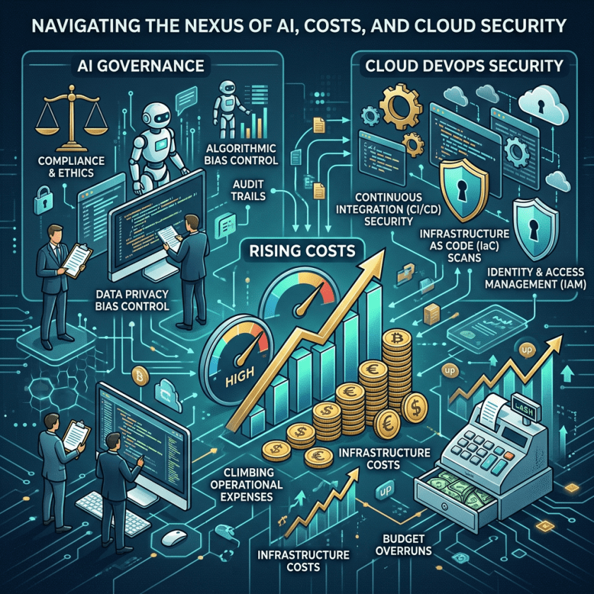 Infographic showing increasing costs related to AI governance elements like compliance, bias control, and cloud DevOps security including CI/CD security and IAM management.