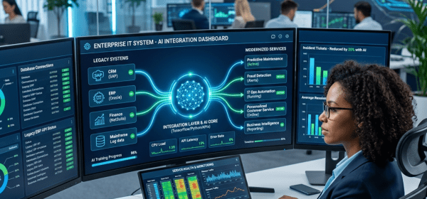 Professional woman analyzing AI integration and system monitoring dashboards on several computer screens in an office