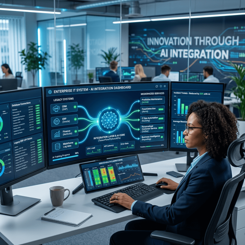 Professional woman analyzing AI integration and system monitoring dashboards on several computer screens in an office