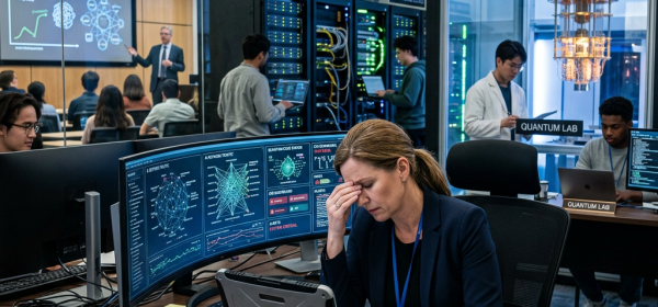 Stressed CIO working at a desk with quantum computing displays and researchers in lab