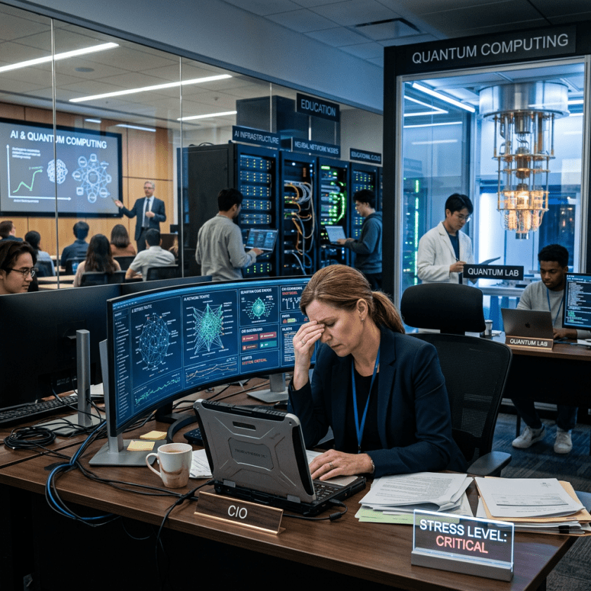 Stressed CIO working at a desk with quantum computing displays and researchers in lab