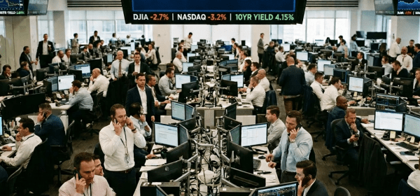 Traders on a busy trading floor under a large screen with Fed rate hike news and stock market figures