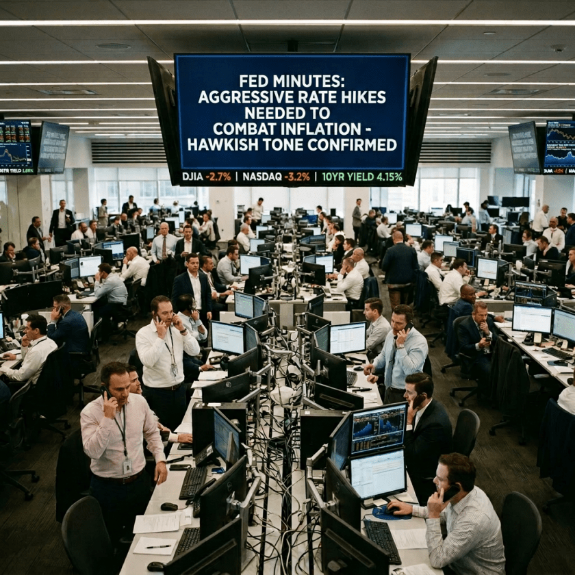 Traders on a busy trading floor under a large screen with Fed rate hike news and stock market figures