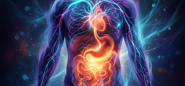 Human body with illuminated heart, blood vessels, and digestive tract