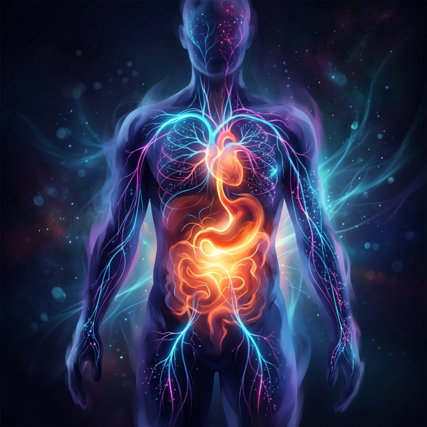 Human body with illuminated heart, blood vessels, and digestive tract