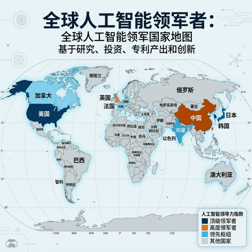 World map showing leading AI countries colored by AI leadership index categories