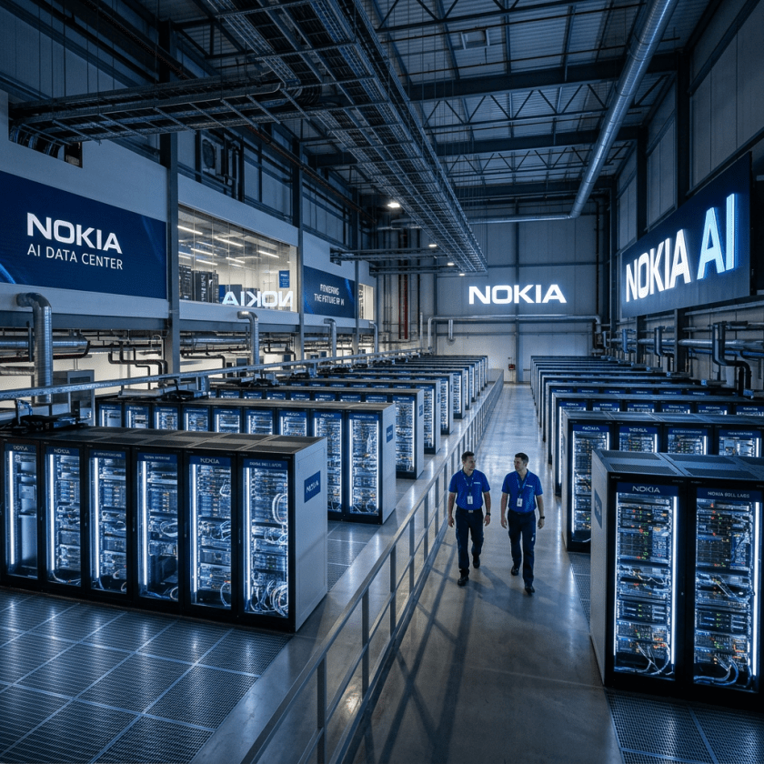 Rows of illuminated server racks inside Nokia AI data center with two people walking