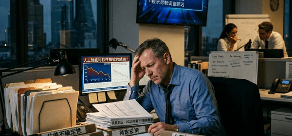 Financial analyst surrounded by investment reports and market graphs on AI risks