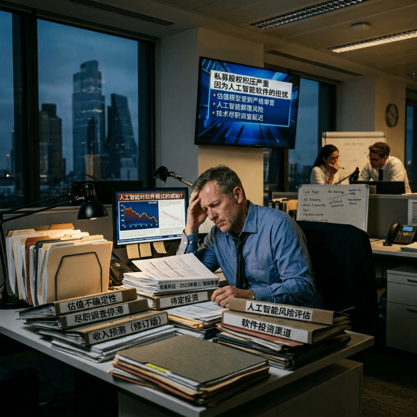 Financial analyst surrounded by investment reports and market graphs on AI risks