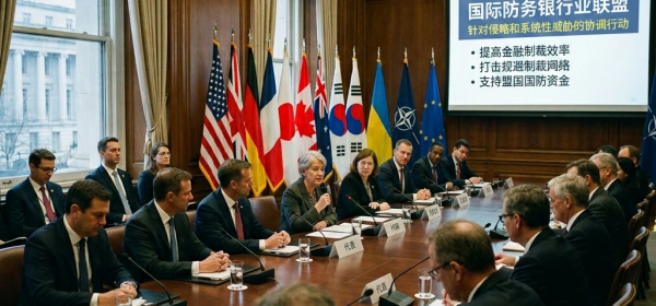 Meeting of international officials discussing defense banking cooperation with flags and presentation