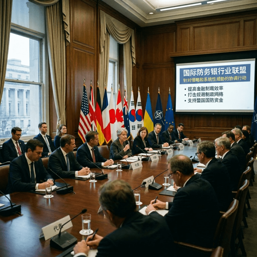 Meeting of international officials discussing defense banking cooperation with flags and presentation