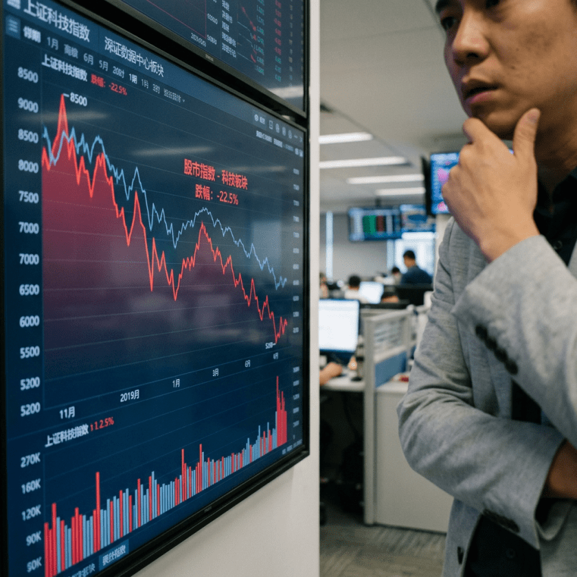 Stock market graph showing a decline with red and blue trend lines and volume bars