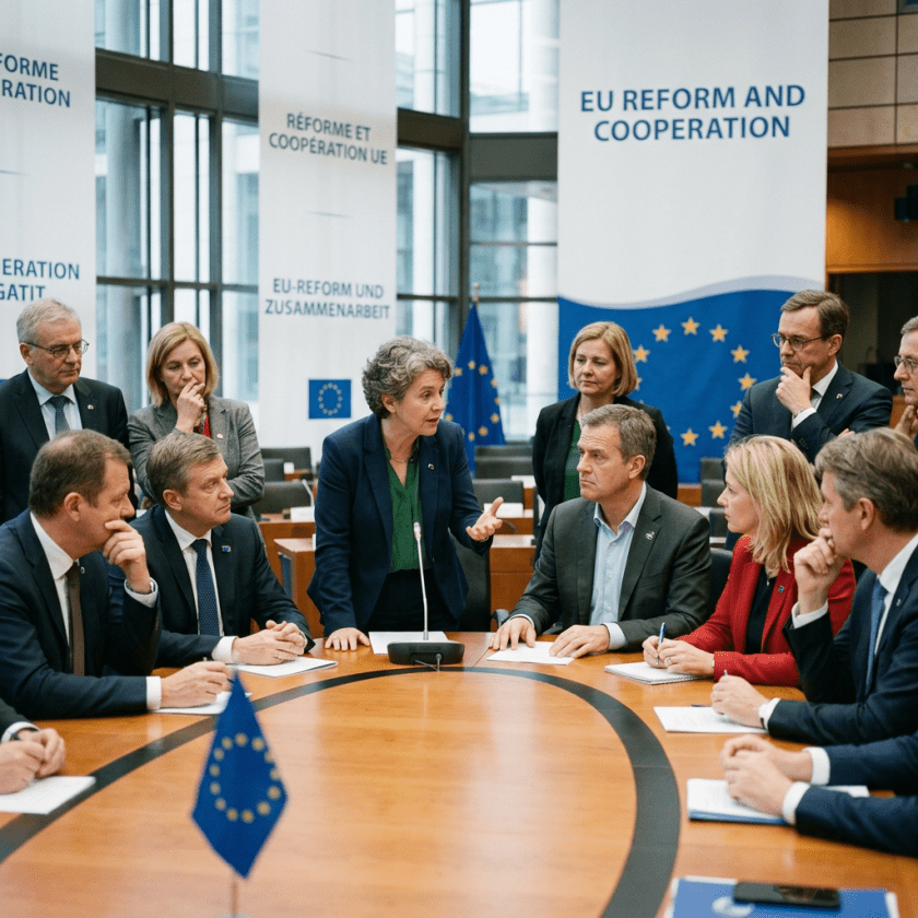 Group of European officials seated around a conference table discussing EU reform and cooperation