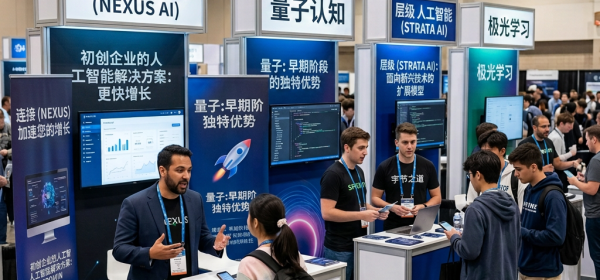 Tech expo booths for Nexus AI, Quantum Cognition, Strata AI, and Aurora Learning displaying AI solutions for startups and emerging tech