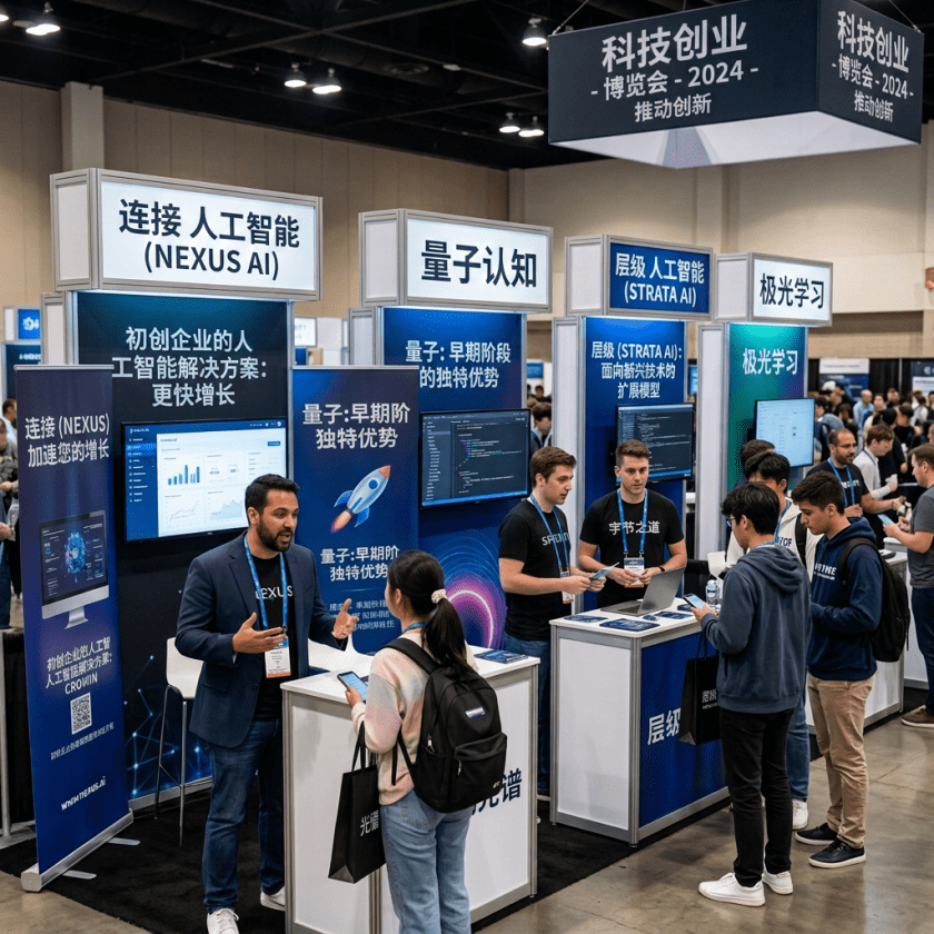 Tech expo booths for Nexus AI, Quantum Cognition, Strata AI, and Aurora Learning displaying AI solutions for startups and emerging tech