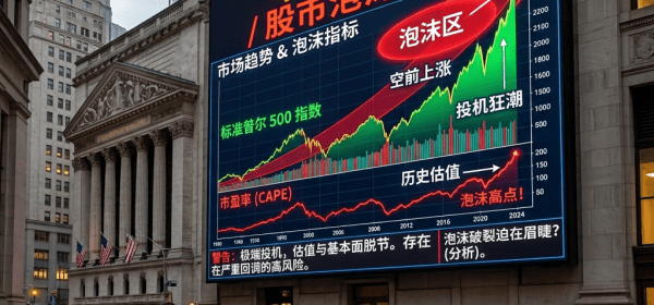 Digital billboard showing Wall Street stock bubble warning with S&P 500 index and P/E ratio graphs