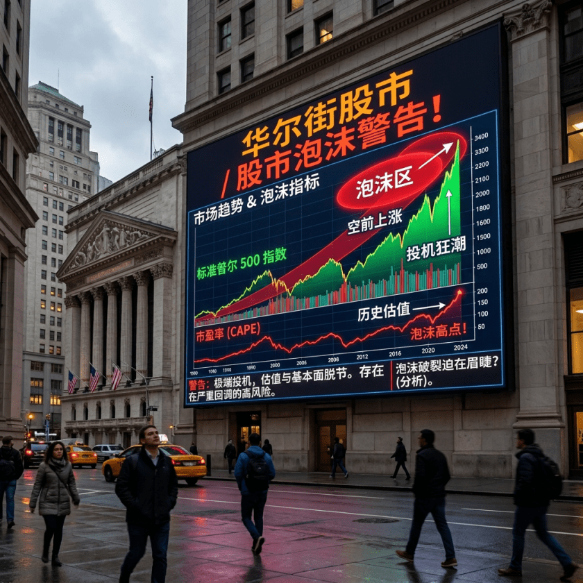 Digital billboard showing Wall Street stock bubble warning with S&P 500 index and P/E ratio graphs
