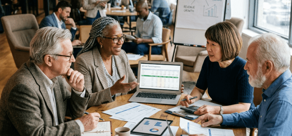 Four professionals discussing financial data around a wooden table with laptops and documents