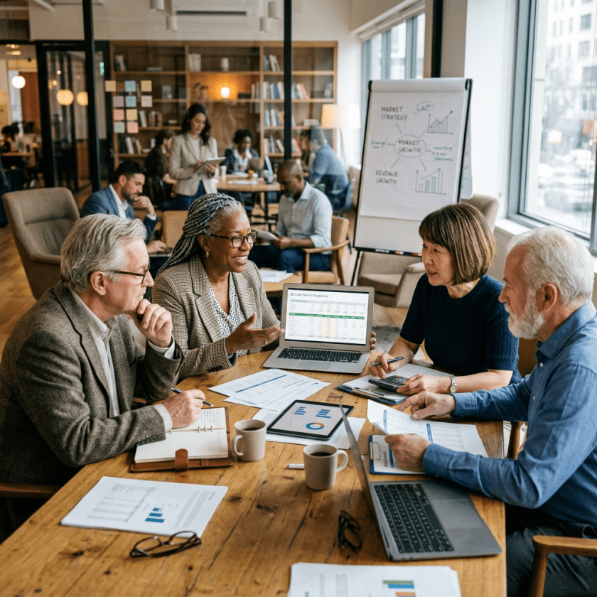 Four professionals discussing financial data around a wooden table with laptops and documents