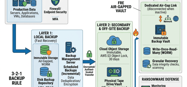 Diagram of ransomware resilient backup architecture with three layers: local backup, secondary off-site backup, and air-gapped immutable vault, plus ransomware defense measures.