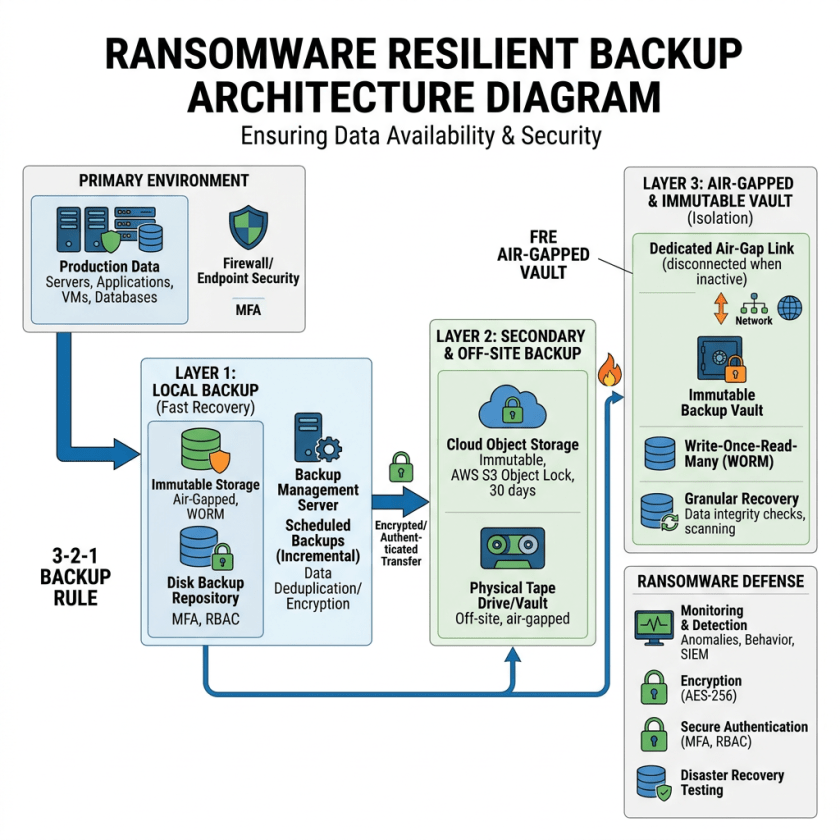 Diagram of ransomware resilient backup architecture with three layers: local backup, secondary off-site backup, and air-gapped immutable vault, plus ransomware defense measures.