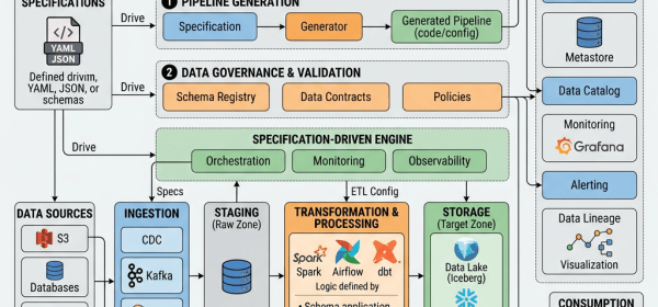 Specification-driven data pipeline architecture with components for ingestion, staging, transformation, storage, governance, and consumption