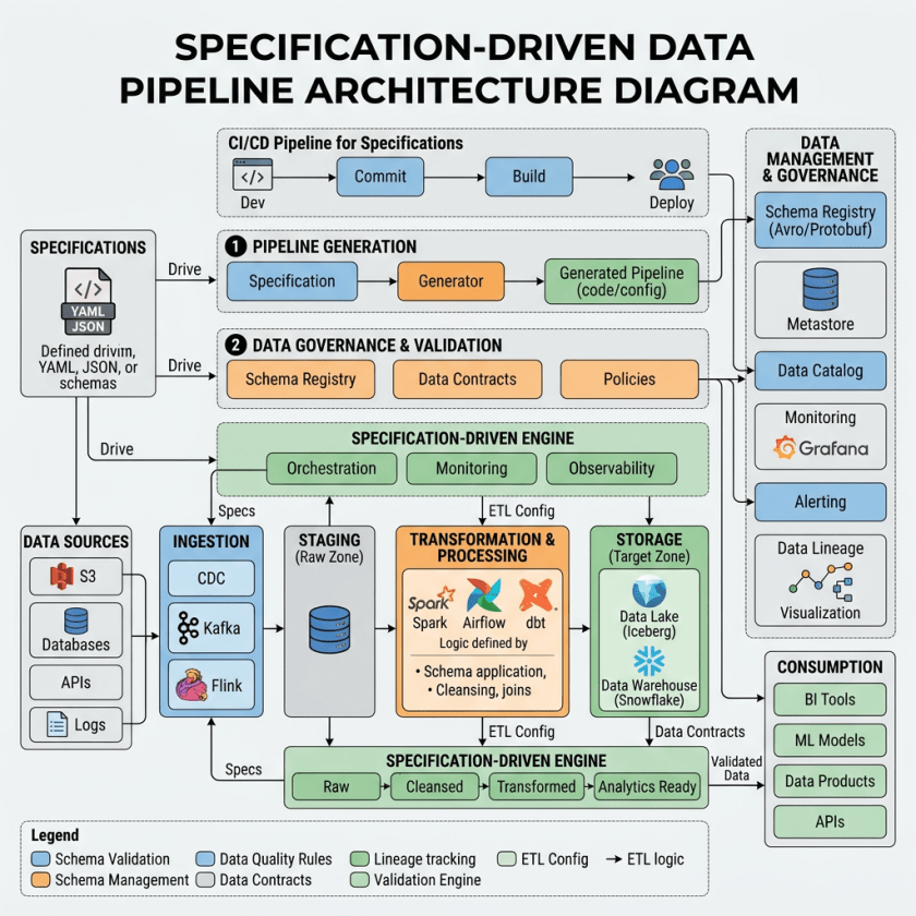 Specification-driven data pipeline architecture with components for ingestion, staging, transformation, storage, governance, and consumption
