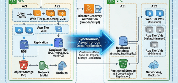 Cloud DR architecture diagram showing primary US-East and secondary US-West regions with data replication workflow