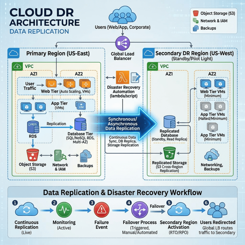 Cloud DR architecture diagram showing primary US-East and secondary US-West regions with data replication workflow