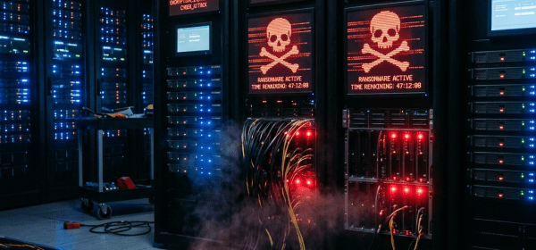 Server racks with red ransomware warning messages and skull icons