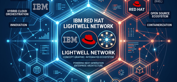IBM and Red Hat logos connected in a network highlighting cloud solutions, open source, and enterprise architecture