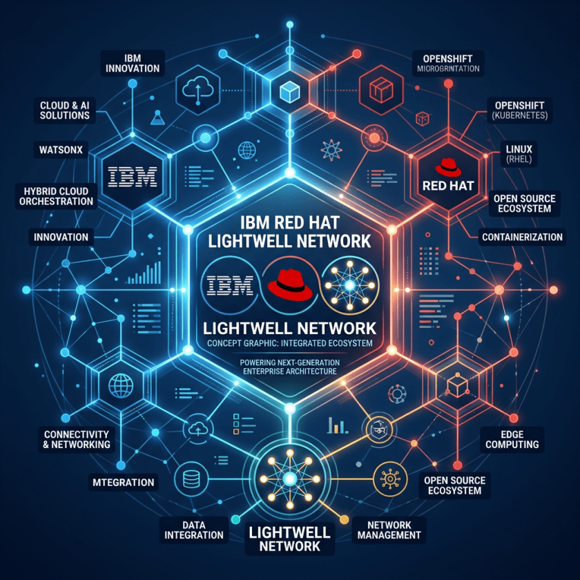 IBM and Red Hat logos connected in a network highlighting cloud solutions, open source, and enterprise architecture