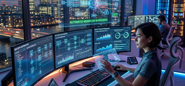 Woman operating multiple screens with enterprise automation workflows and data analytics