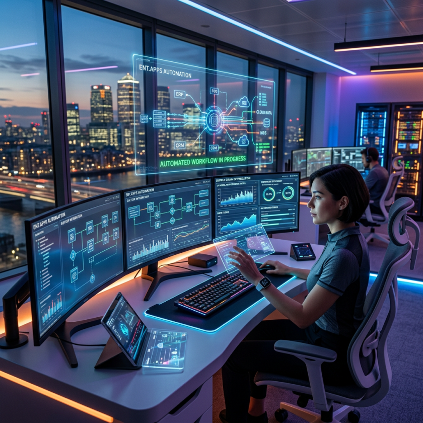 Woman operating multiple screens with enterprise automation workflows and data analytics