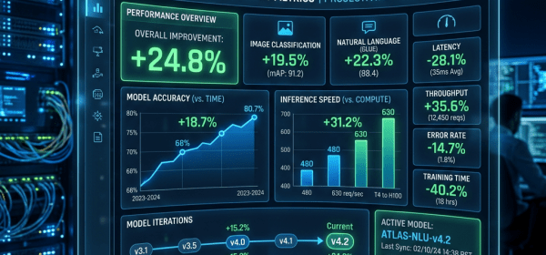 Dashboard showing AI benchmark improvements including overall +24.8%, image classification +19.5%, natural language +22.3%, latency -28.1%, and throughput +35.6%