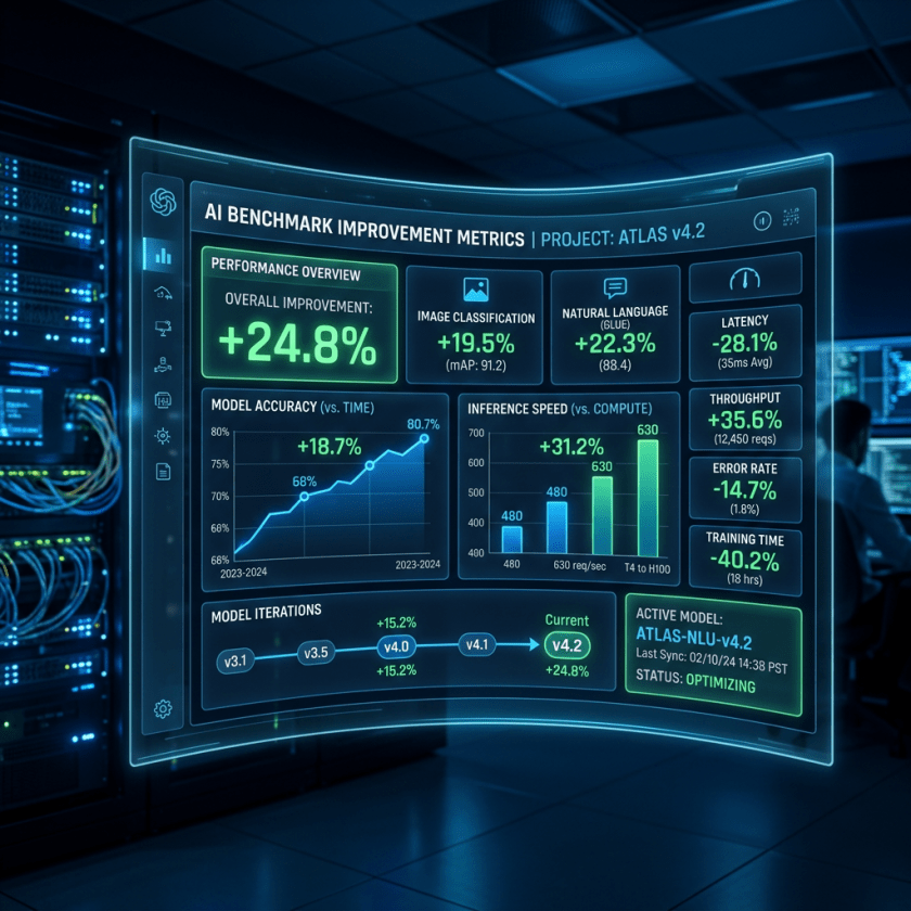 Dashboard showing AI benchmark improvements including overall +24.8%, image classification +19.5%, natural language +22.3%, latency -28.1%, and throughput +35.6%