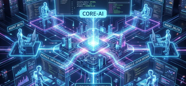 Digital AI core connected to multiple agents managing coding, data harvest, and UI/UX design modules
