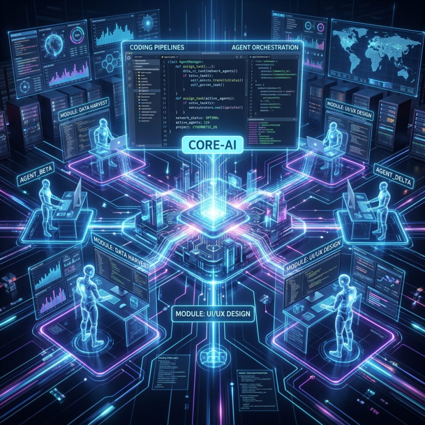 Digital AI core connected to multiple agents managing coding, data harvest, and UI/UX design modules