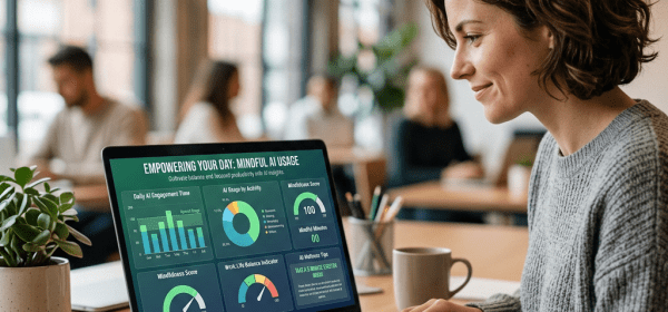 Laptop screen showing graphs and gauges for mindful AI usage and work-life balance