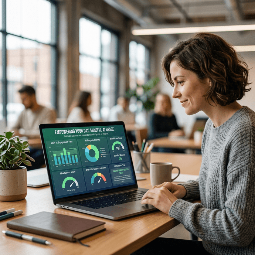 Laptop screen showing graphs and gauges for mindful AI usage and work-life balance