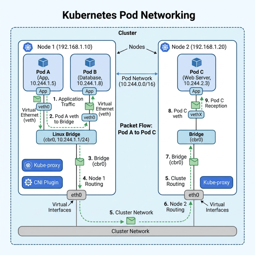 Kubernetes pod networking diagram illustrating packet flow from Pod A to Pod C across two nodes.