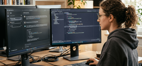 Person coding on two monitors with programming code and chat application visible